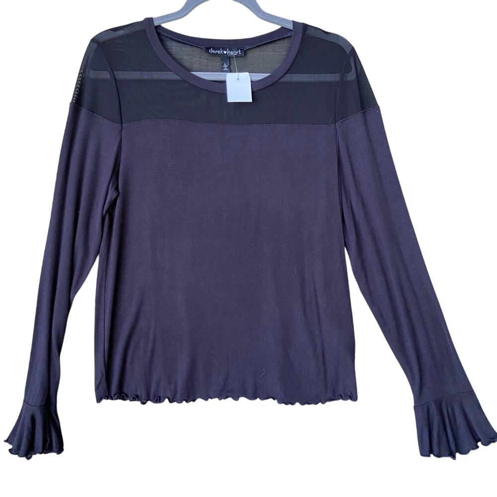 NWT New Derek Heart Juniors Large Black Long Sleeve Mesh Neck Top